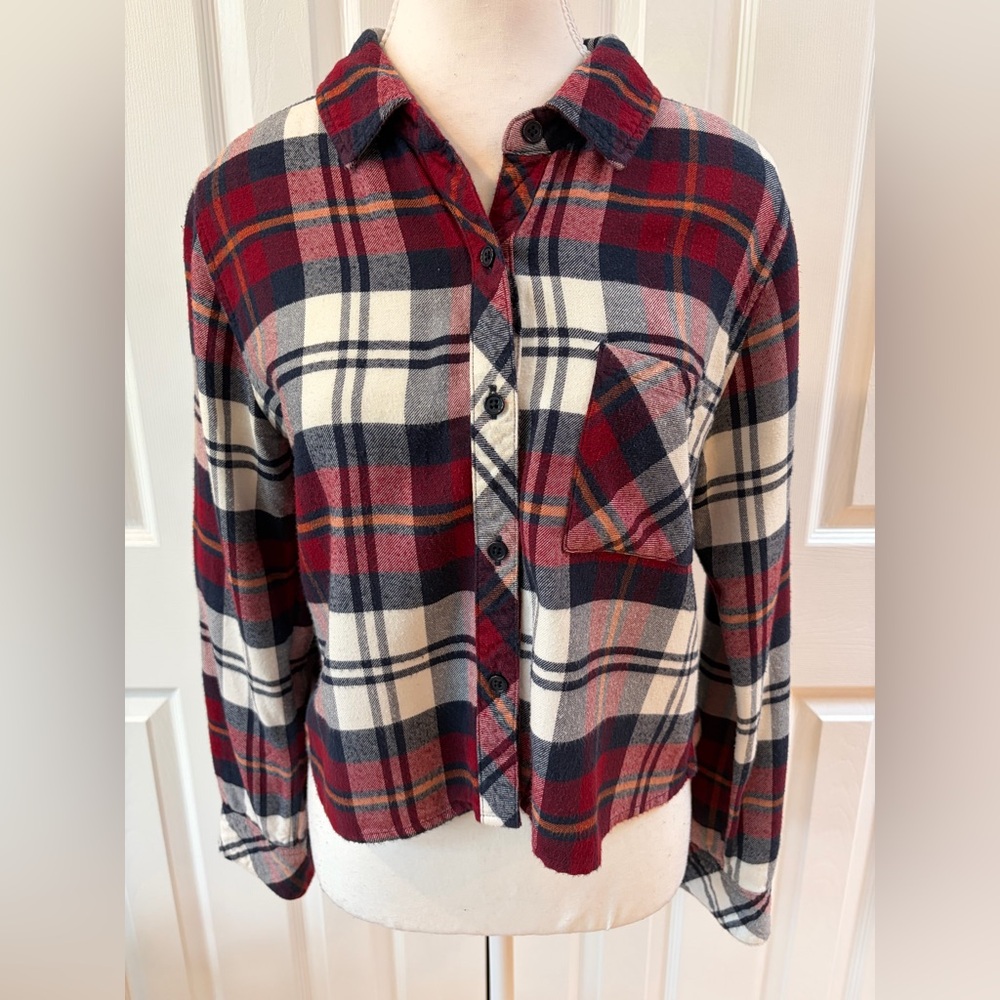 Rails Red, White and Blue Hunter Plaid Cropped Button Up Flannel Shirt Size S